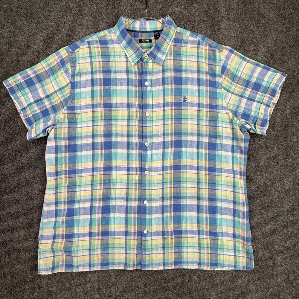 IZOD Mens XXL Short Sleeve Plaid Button Down Shirt Blue Green Linen Blend